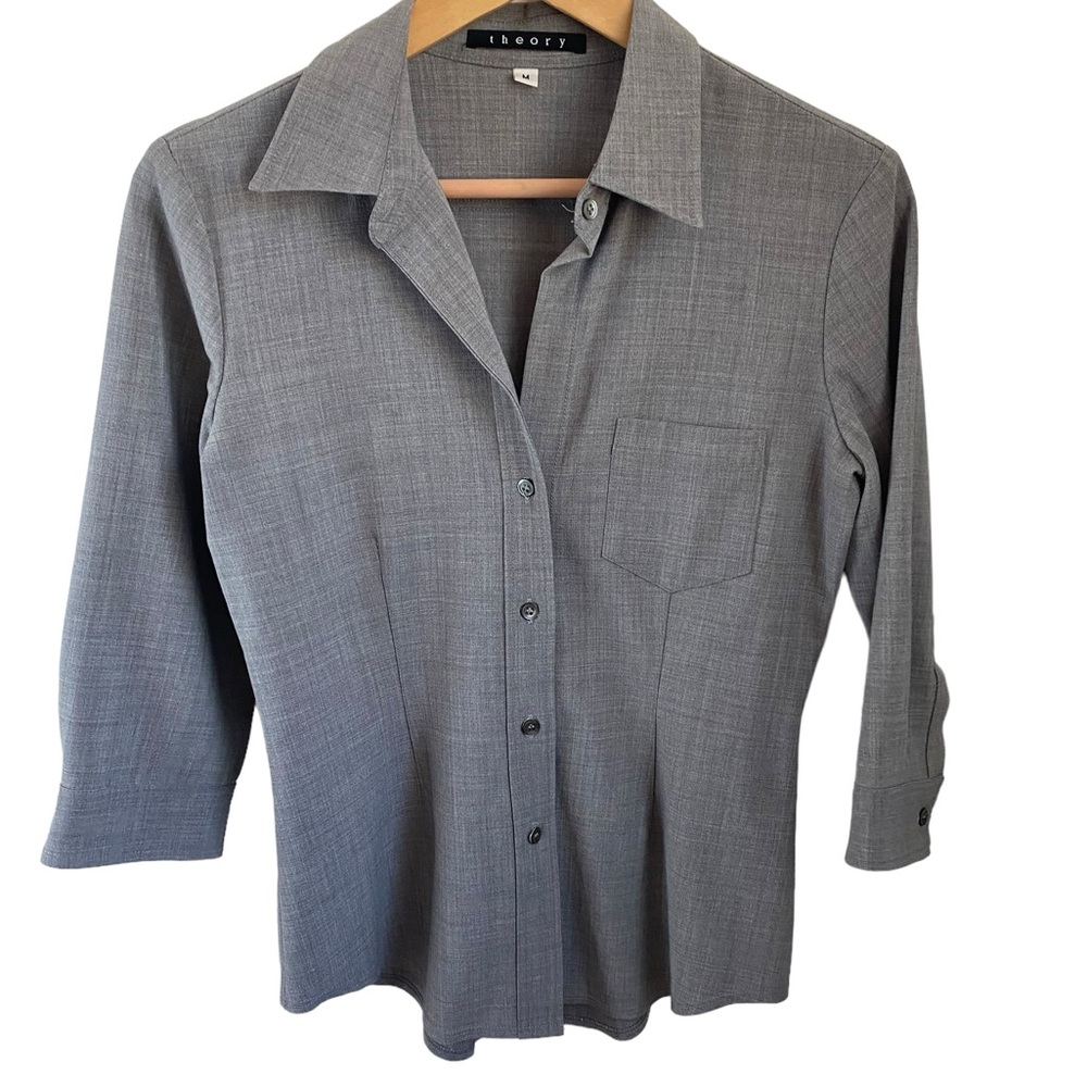 Theory Gray Button Down Collared Shirt 3/4 Sleeve Size Medium